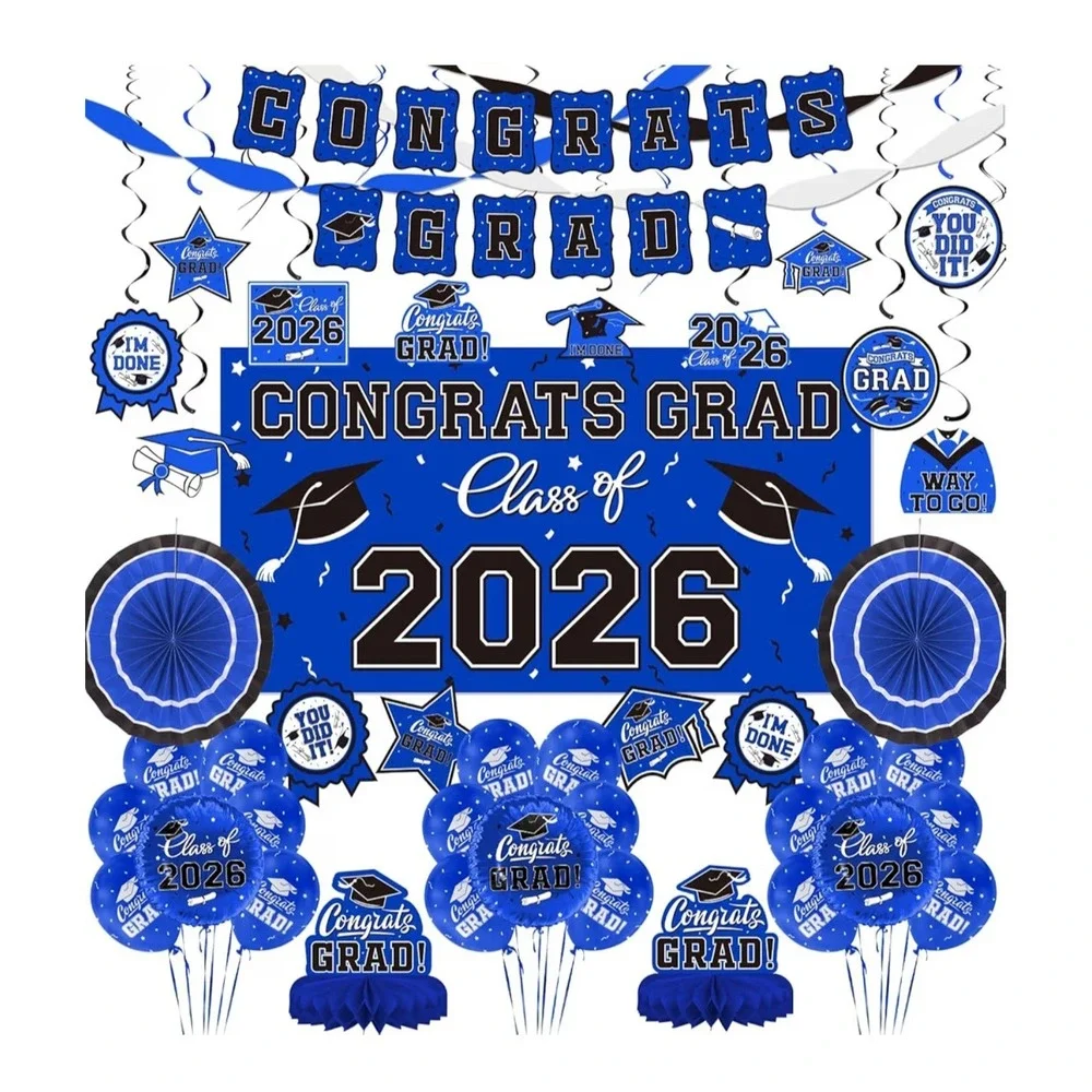Huge New Lot Of Graduation Decor Blue Grad 2026 Banner Balloons $26 Value